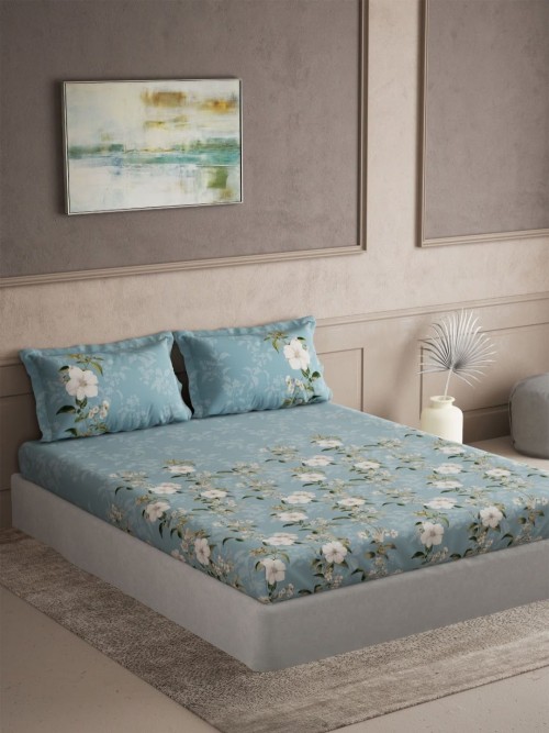 Luxury Floral Printed Fitted Bed Sheet Set with Pillow Covers for Home & Hotel Use